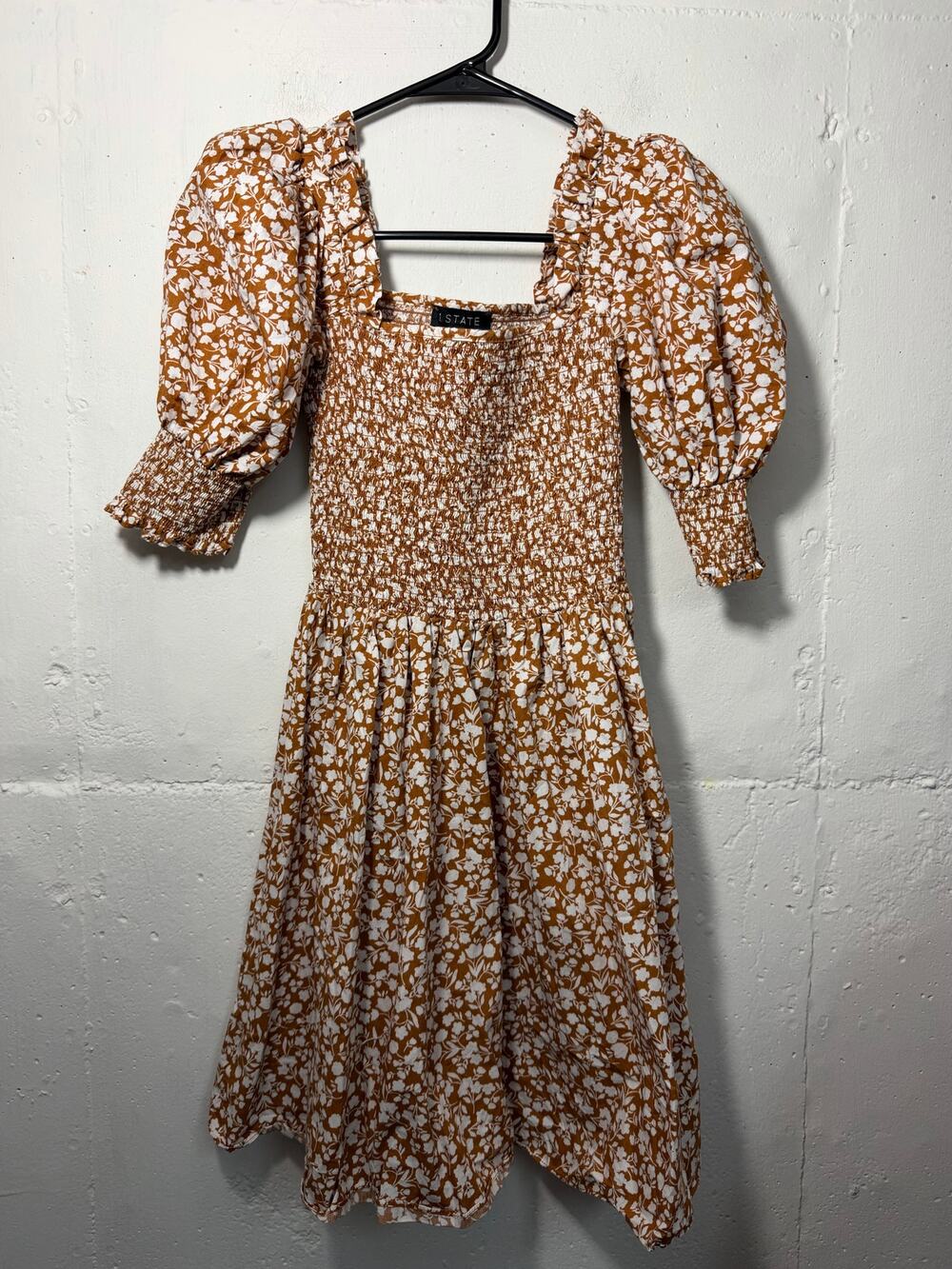 1.STATE Womens Size XS brown floral print mini dress puff sleeves smocked bodice
